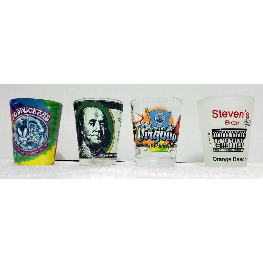 Lot of 4 Souvenir Shot Glasses – VA, Fudpuckers, Gulf Shores,AL Orange Beach,AL